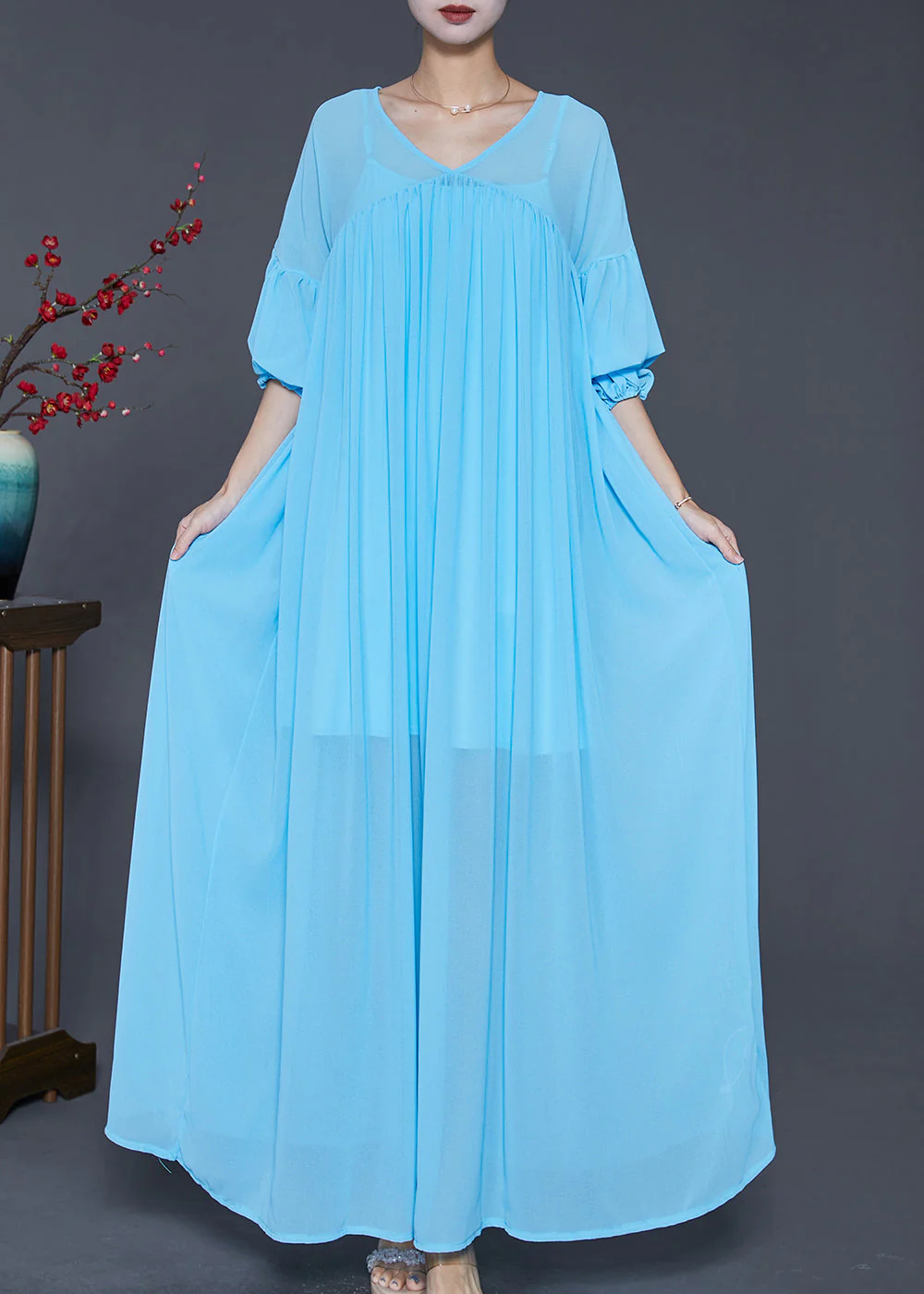 Beautiful Lake Blue Oversized Wrinkled Chiffon Maxi Dress Fall