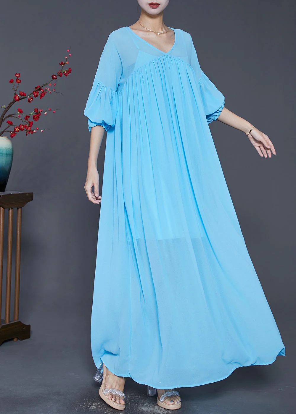 Beautiful Lake Blue Oversized Wrinkled Chiffon Maxi Dress Fall - Image 2