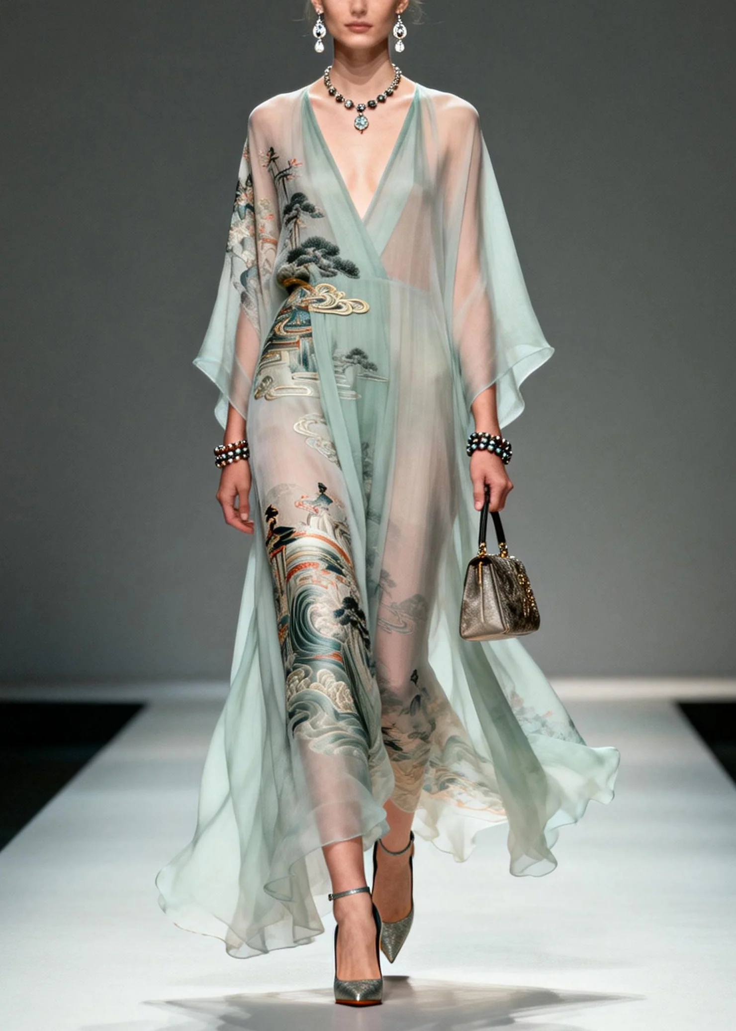 Beautiful Lake Green Oversized Print Chiffon Robe Dresses Summer - Image 3