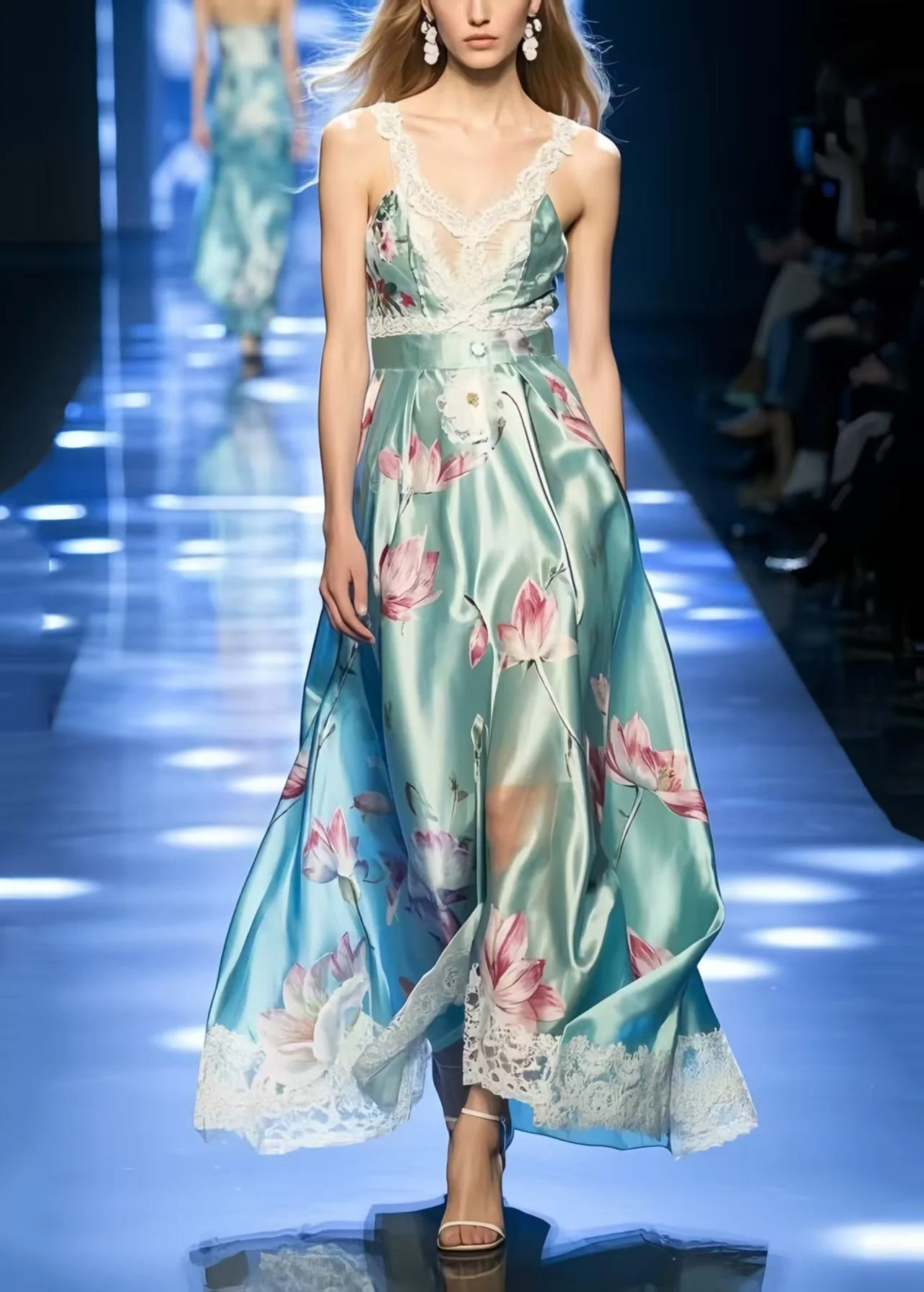 Beautiful Lake Green Print Exra Large Hem Silk Party Sundress - Image 5