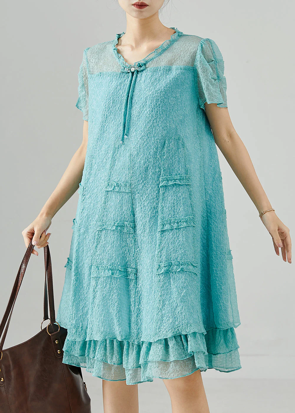 Beautiful Lake Green Tasseled Ruffled Silk Dress Summer - Image 2
