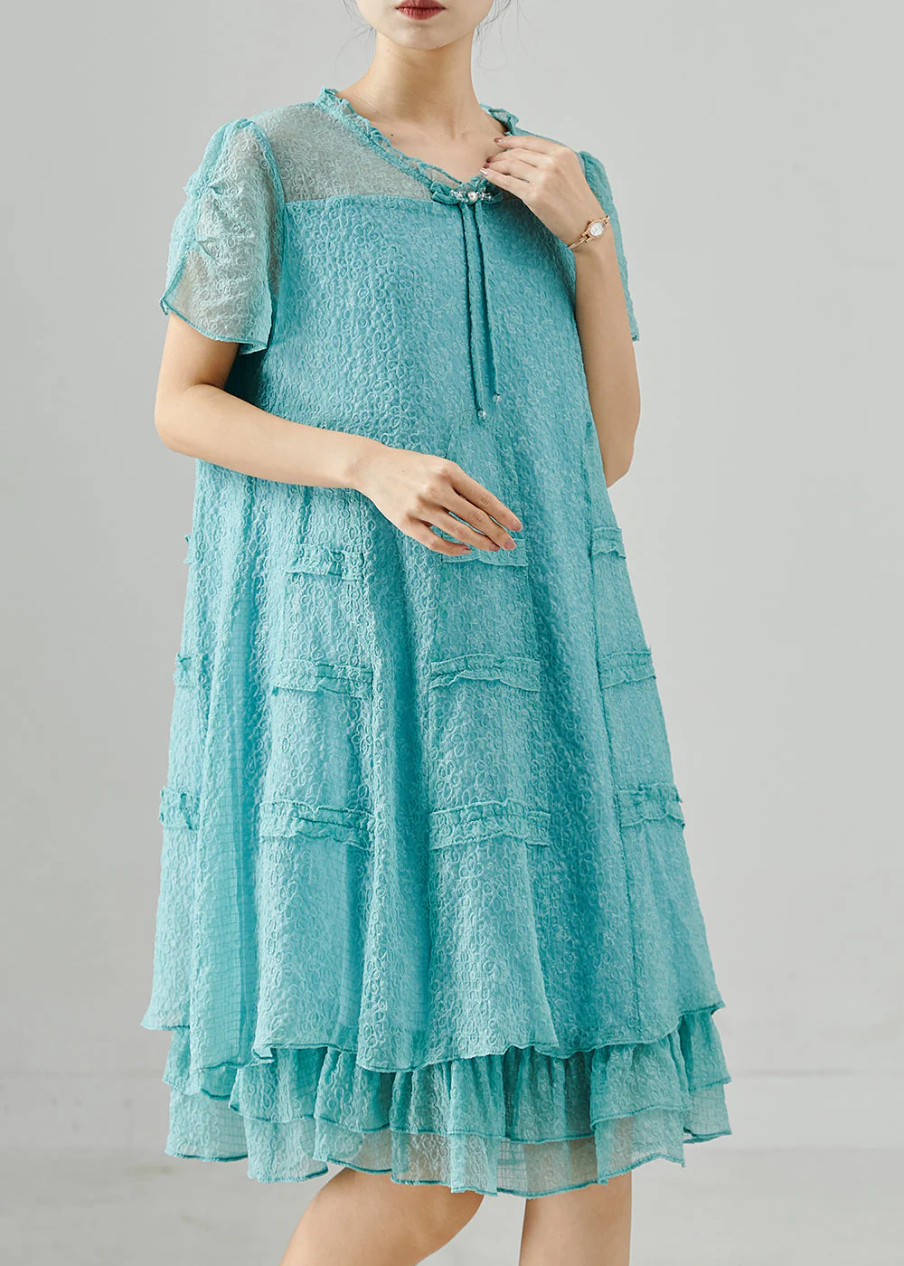 Beautiful Lake Green Tasseled Ruffled Silk Dress Summer - Image 3