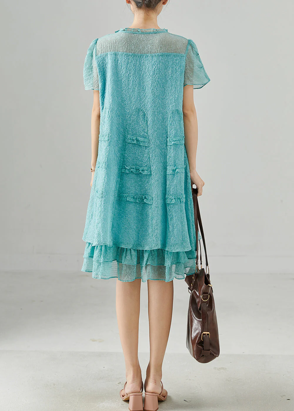 Beautiful Lake Green Tasseled Ruffled Silk Dress Summer - Image 4