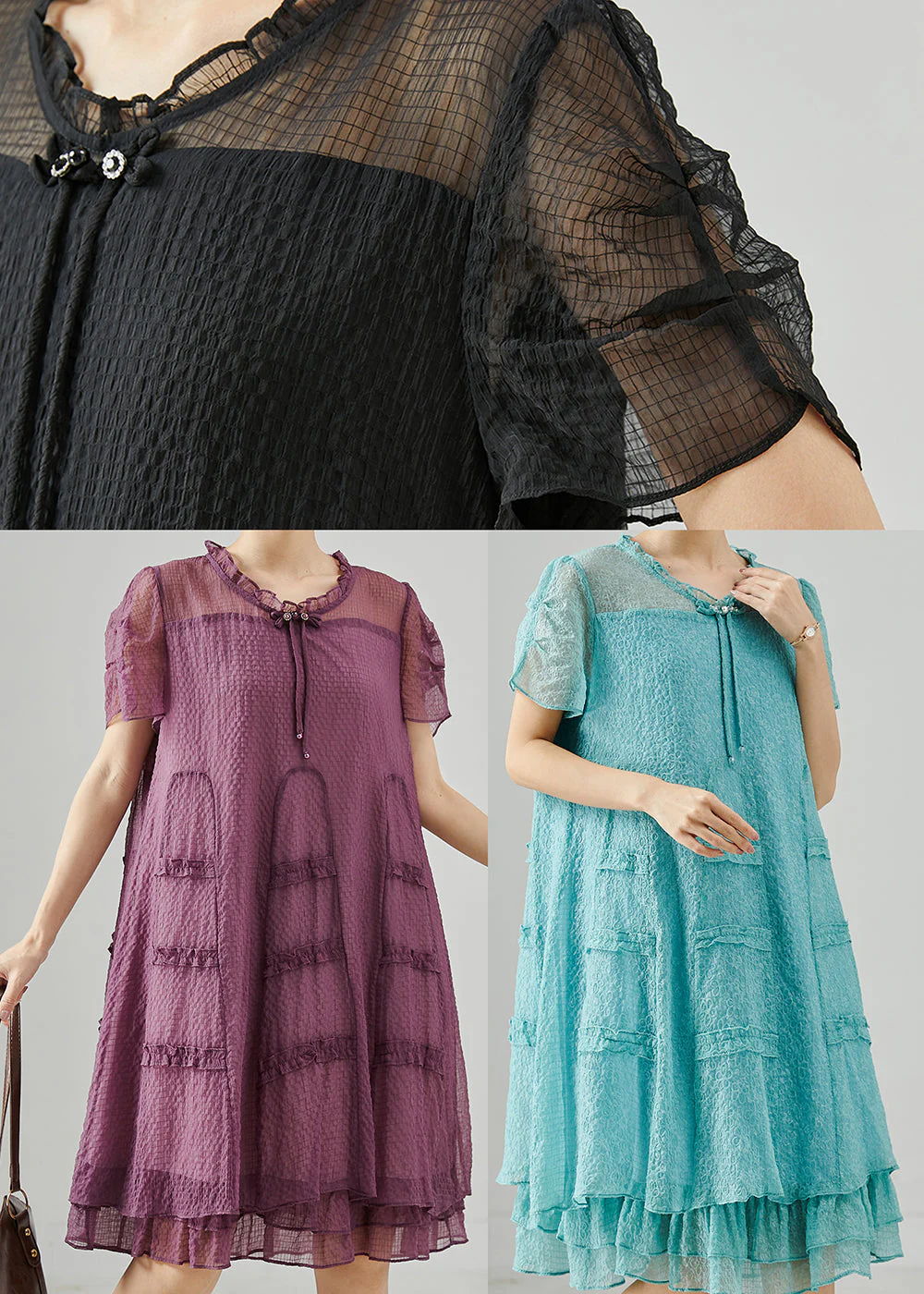 Beautiful Lake Green Tasseled Ruffled Silk Dress Summer - Image 5