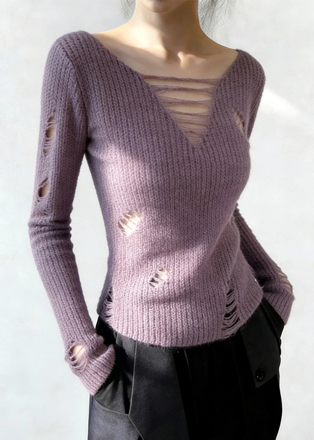 Beautiful Lavender V Neck Ripped Knitted Tops Spring - Image 3