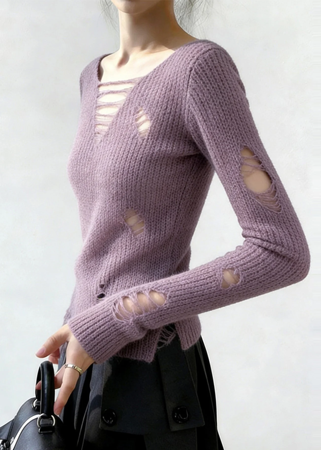 Beautiful Lavender V Neck Ripped Knitted Tops Spring - Image 4