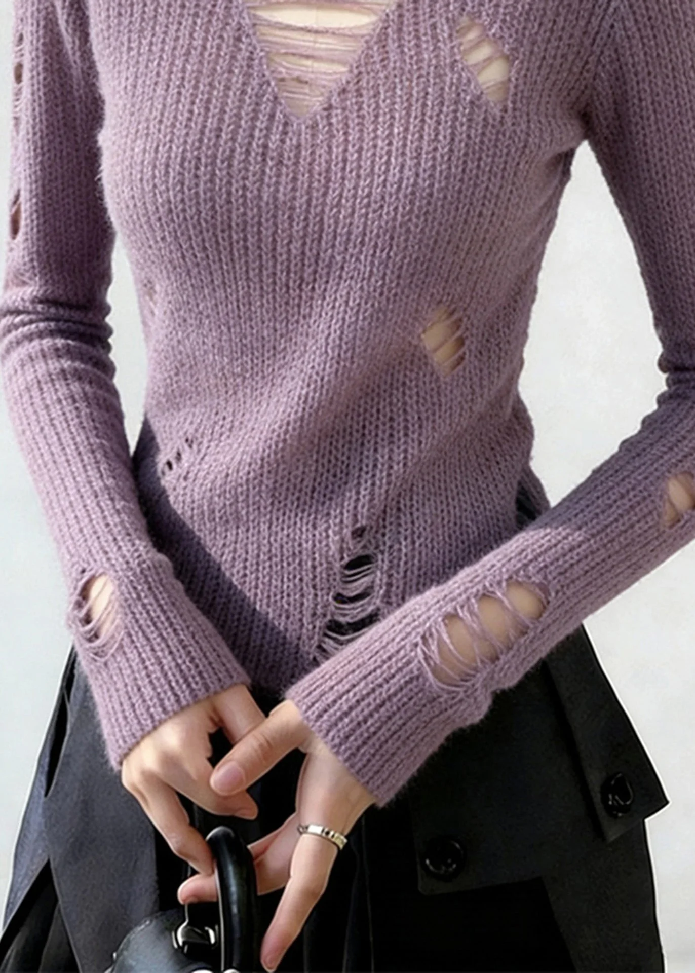 Beautiful Lavender V Neck Ripped Knitted Tops Spring - Image 5