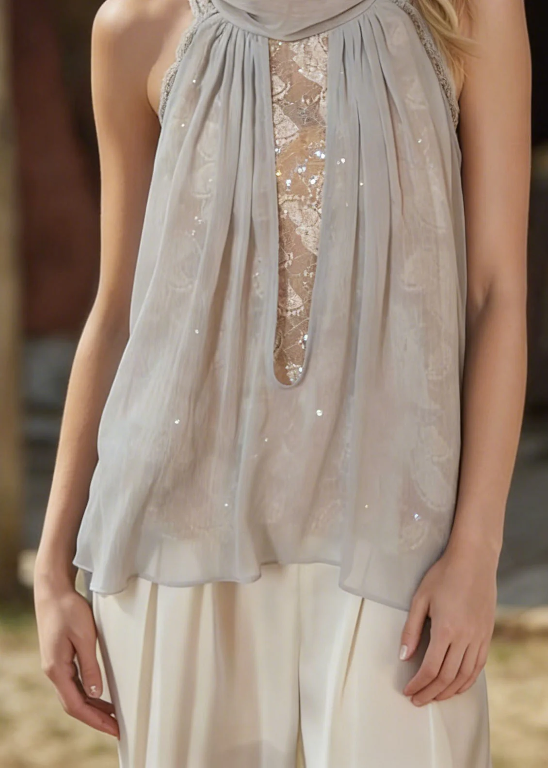 Beautiful Light Blue Lace Patchwork Chiffon Top Sleeveless - Image 4