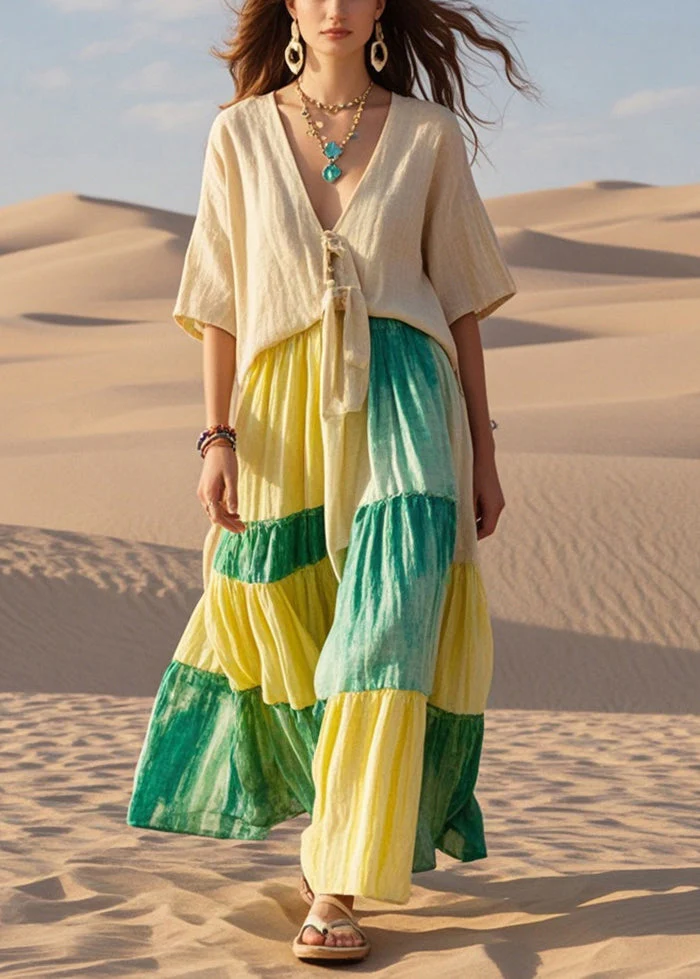 Beautiful Light Camel Patchwork Cotton Holdiay Dress Summer - Image 3