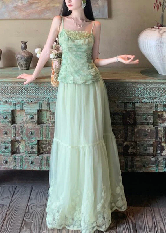 Beautiful Light Green Embroidered Floral Lace Vest And Maxi Skirts Two Pieces Set Sleeveless - Image 2