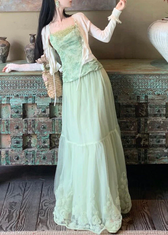 Beautiful Light Green Embroidered Floral Lace Vest And Maxi Skirts Two Pieces Set Sleeveless - Image 4