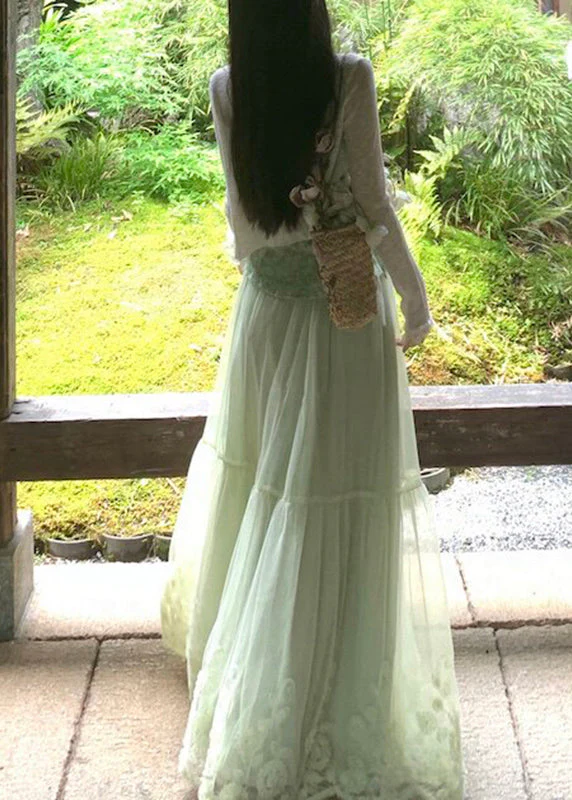 Beautiful Light Green Embroidered Floral Lace Vest And Maxi Skirts Two Pieces Set Sleeveless - Image 5