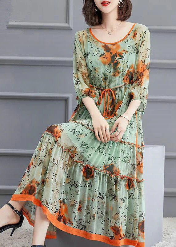 Beautiful Light Green O-Neck tie waist wrinkled Silk Dress Spring - Image 2
