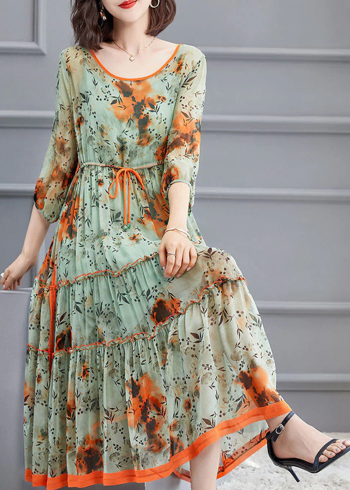 Beautiful Light Green O-Neck tie waist wrinkled Silk Dress Spring - Image 3