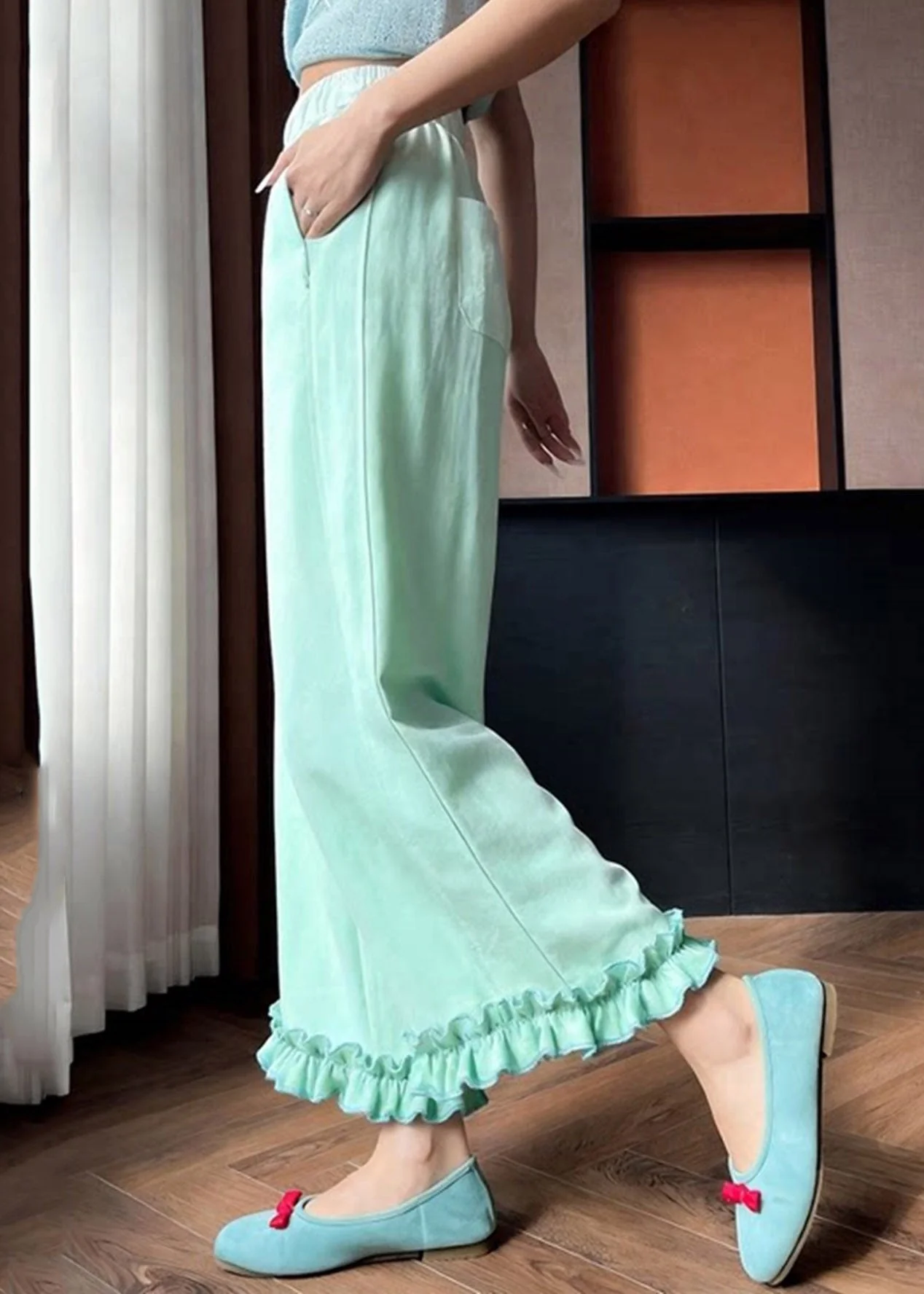 Beautiful Light Green Ruffled Patchwork Solid Wide Leg Pants Summer - Image 3