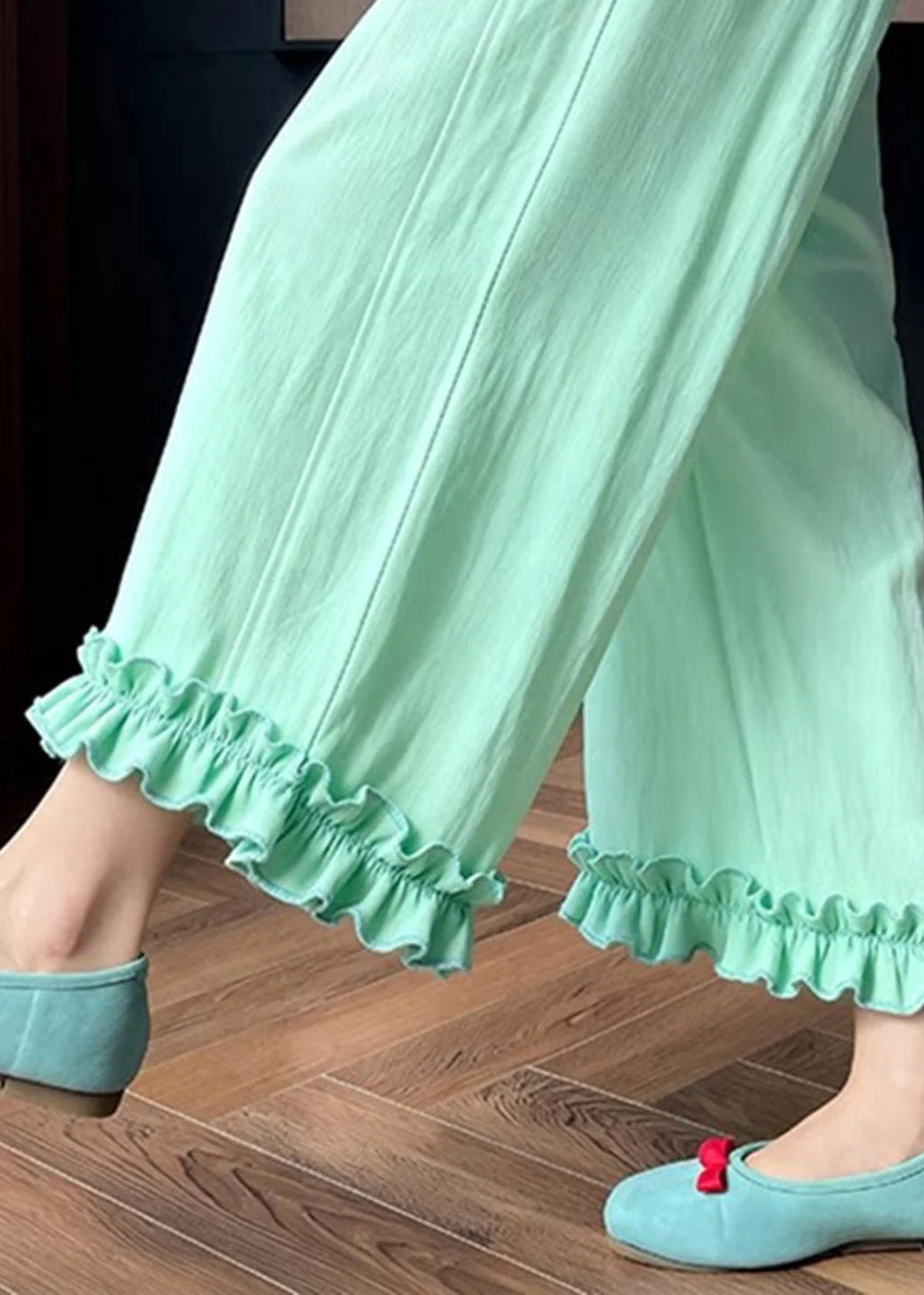 Beautiful Light Green Ruffled Patchwork Solid Wide Leg Pants Summer - Image 4