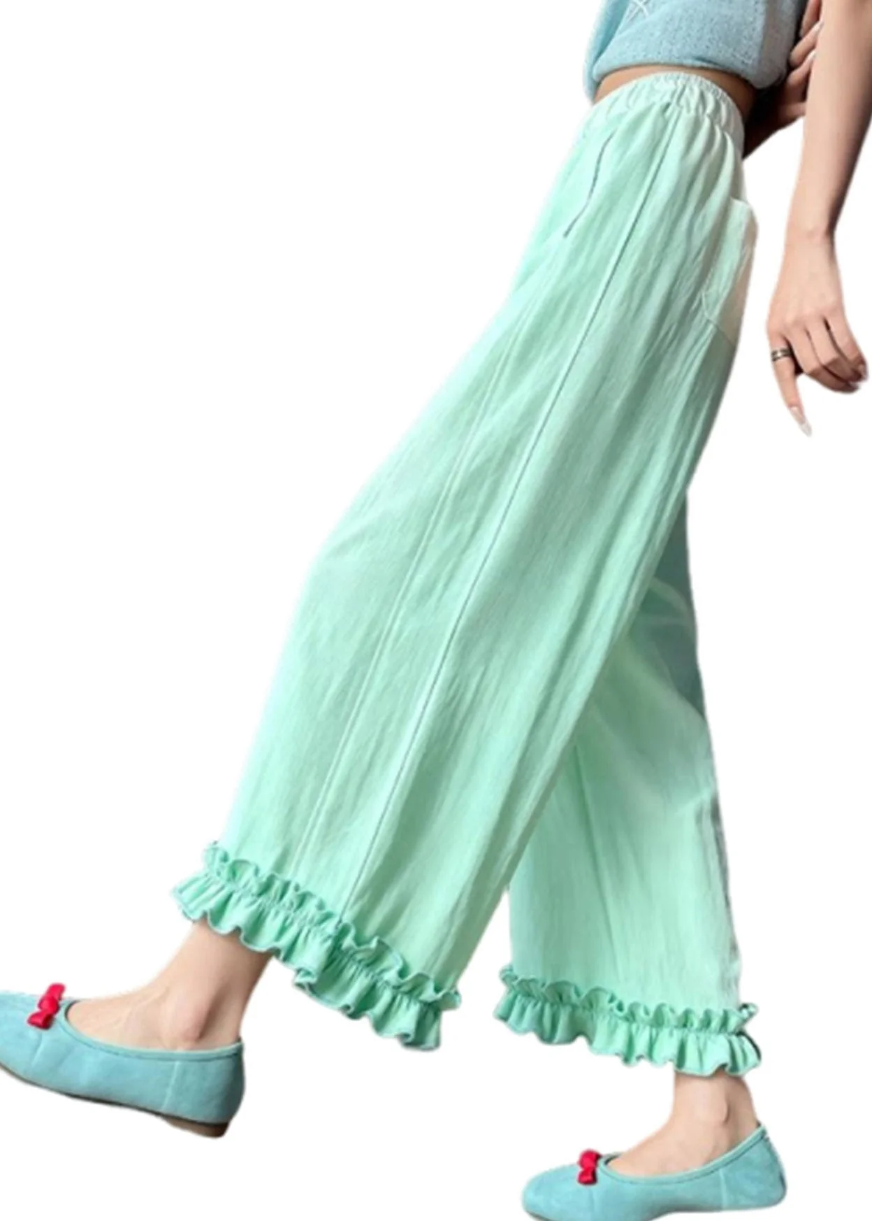 Beautiful Light Green Ruffled Patchwork Solid Wide Leg Pants Summer - Image 5