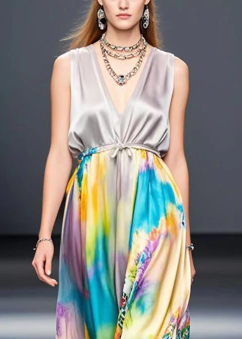 Beautiful Light Purple Cinched Tie Dye Silk Long Dress Sleeveless - Image 2