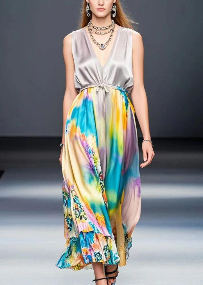 Beautiful Light Purple Cinched Tie Dye Silk Long Dress Sleeveless - Image 3