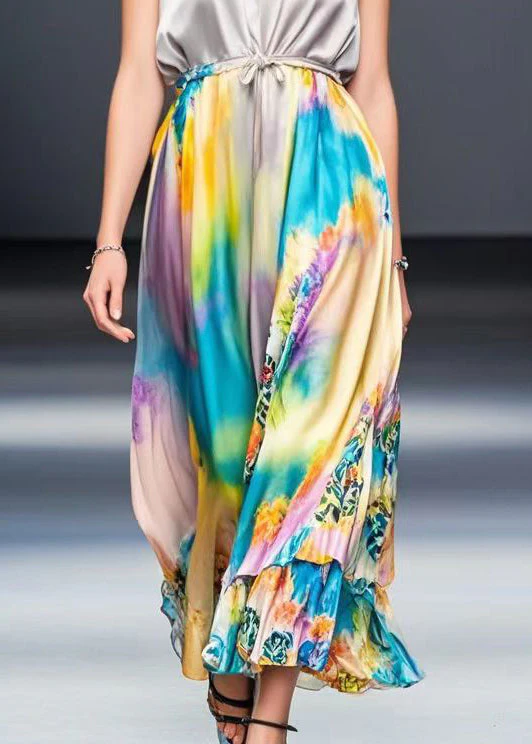 Beautiful Light Purple Cinched Tie Dye Silk Long Dress Sleeveless - Image 4