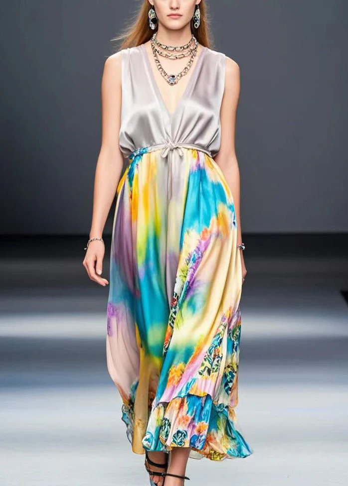 Beautiful Light Purple Cinched Tie Dye Silk Long Dress Sleeveless - Image 5