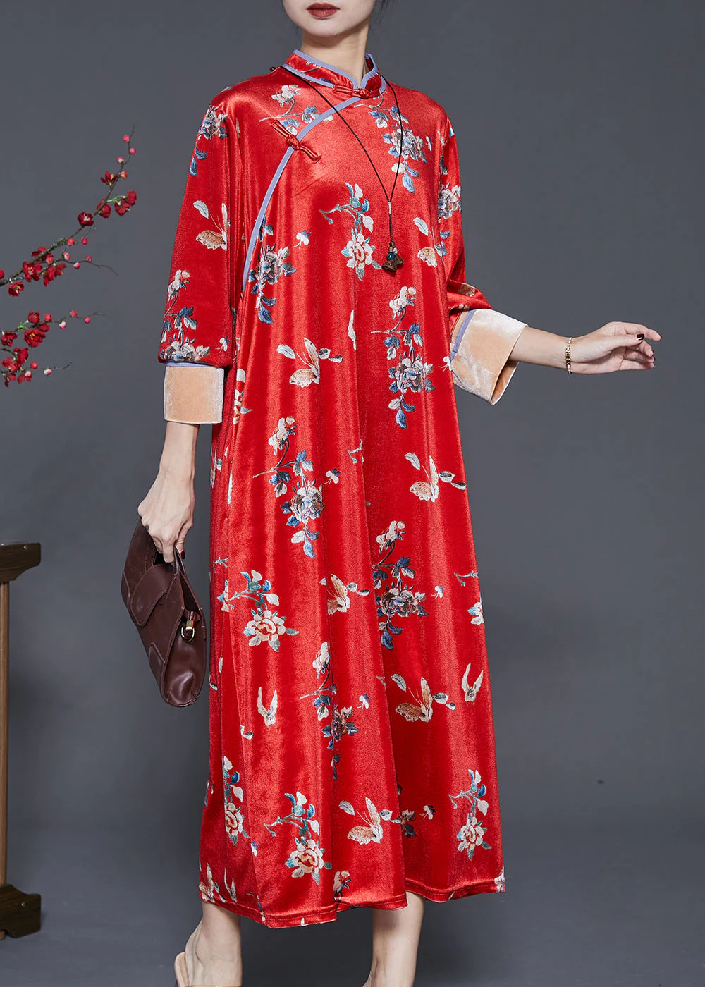 Beautiful Mulberry Print Silk Velvet Chinese Style Dresses Spring - Image 2