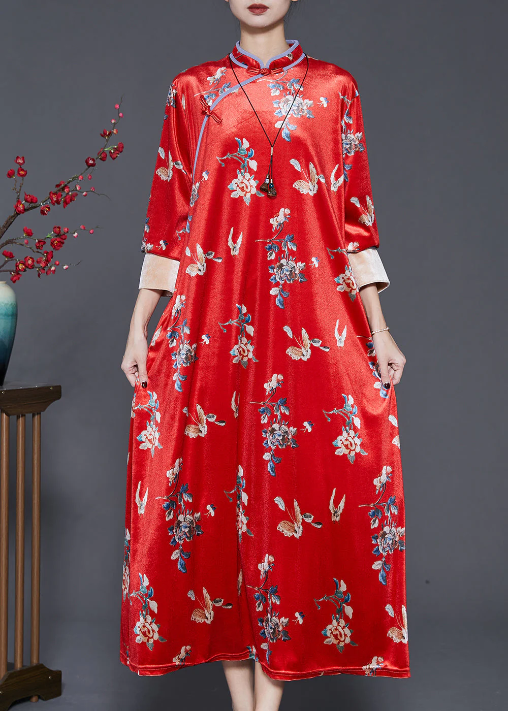 Beautiful Mulberry Print Silk Velvet Chinese Style Dresses Spring - Image 3