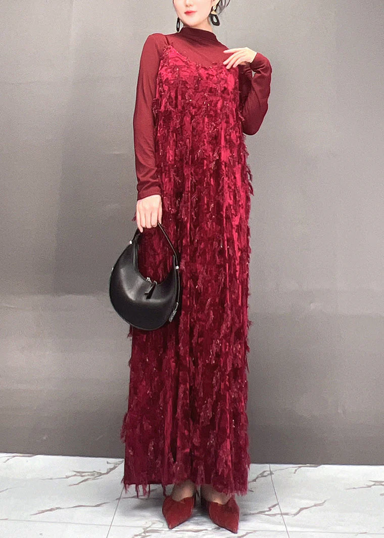 Beautiful Mulberry Tassel Top And Maxi Dress Two Pieces Set Spring - Image 4
