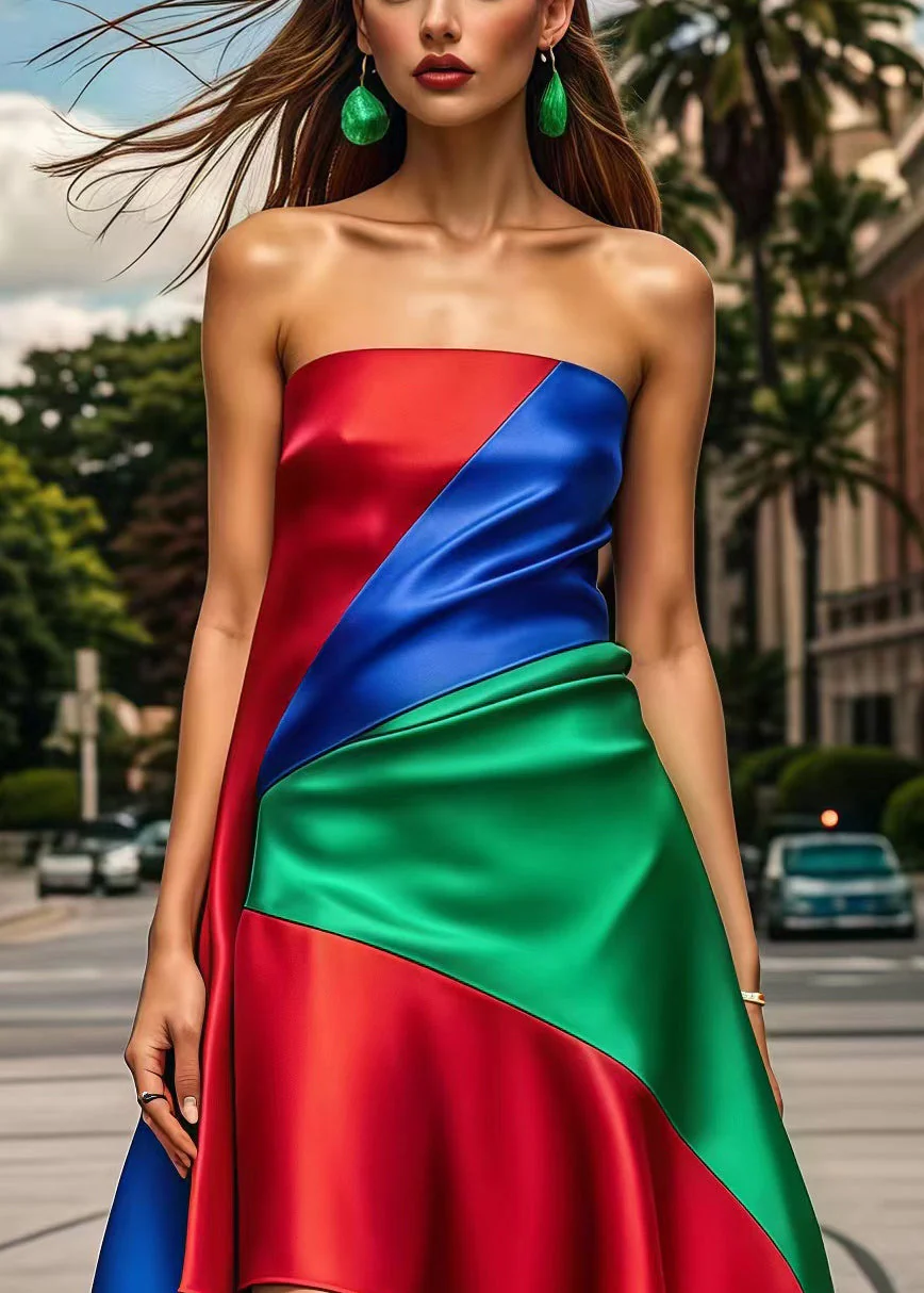 Beautiful Multicolor Asymmetrical Patchwork Silk Strapless Dress Summer - Image 2