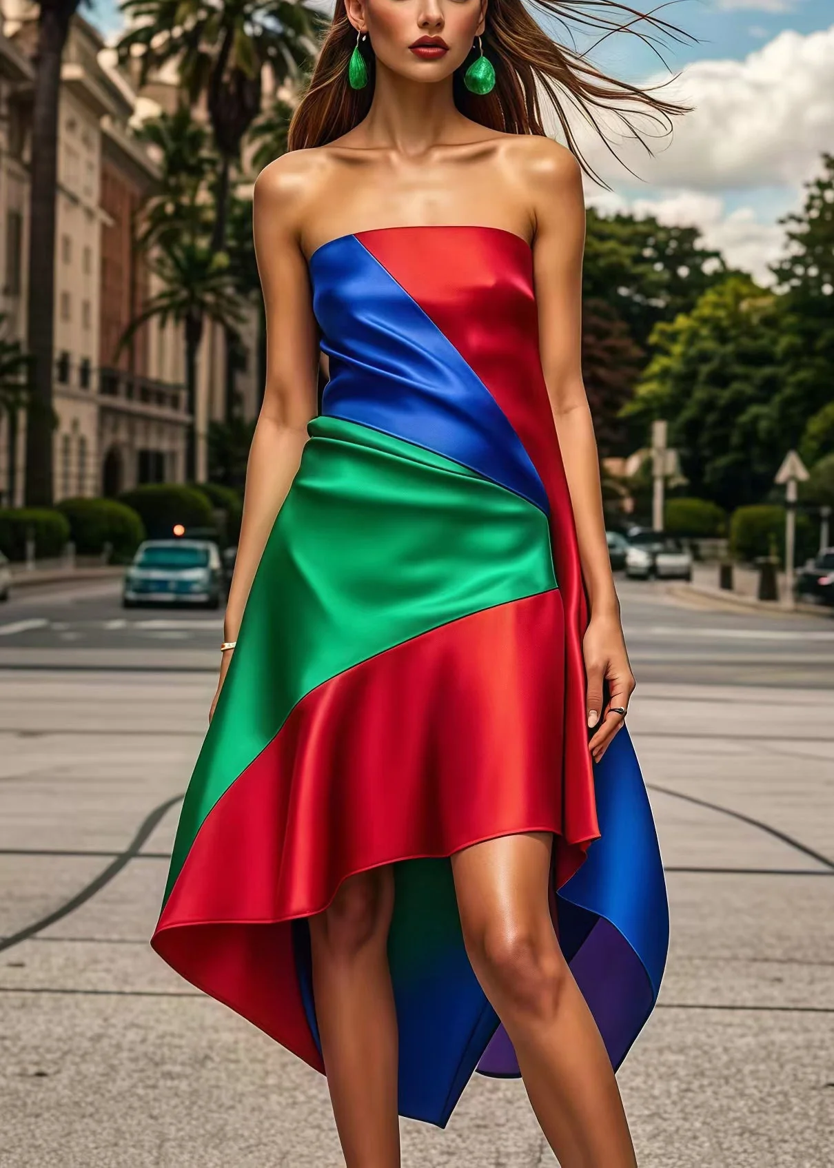 Beautiful Multicolor Asymmetrical Patchwork Silk Strapless Dress Summer - Image 3