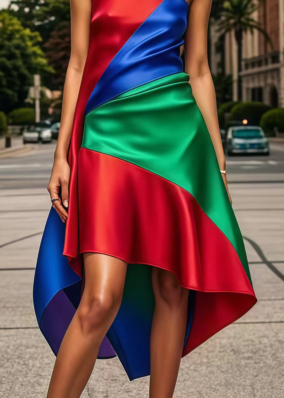 Beautiful Multicolor Asymmetrical Patchwork Silk Strapless Dress Summer - Image 4