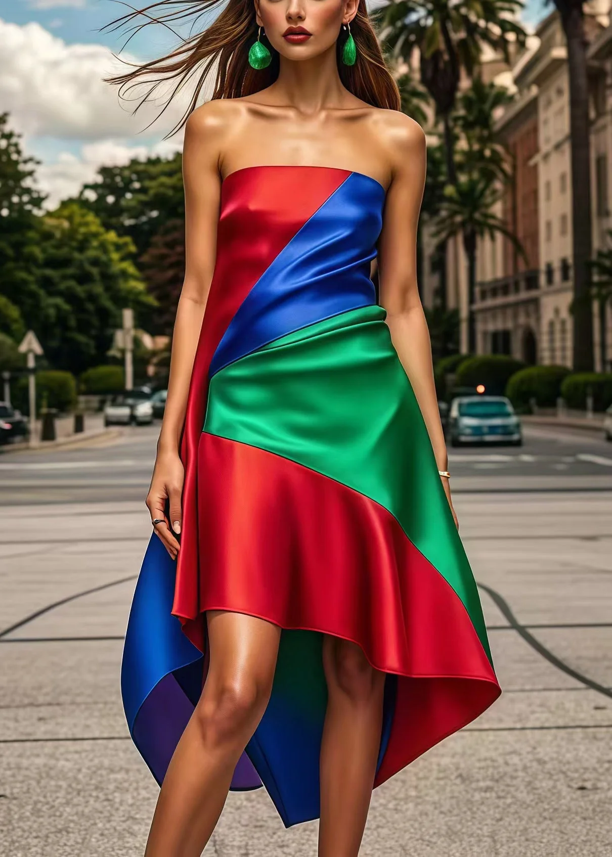 Beautiful Multicolor Asymmetrical Patchwork Silk Strapless Dress Summer - Image 5