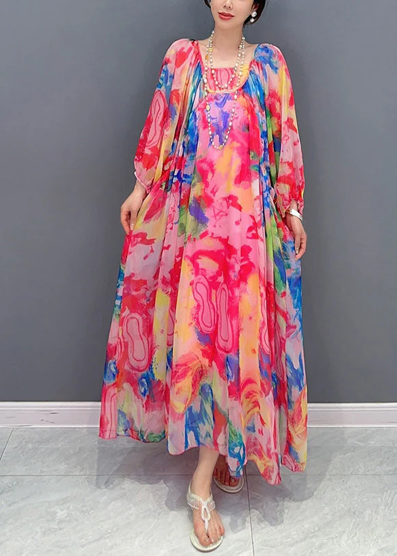 Beautiful Multicolor Square Collar Print Chiffon Maxi Dress Long Sleeve - Image 2