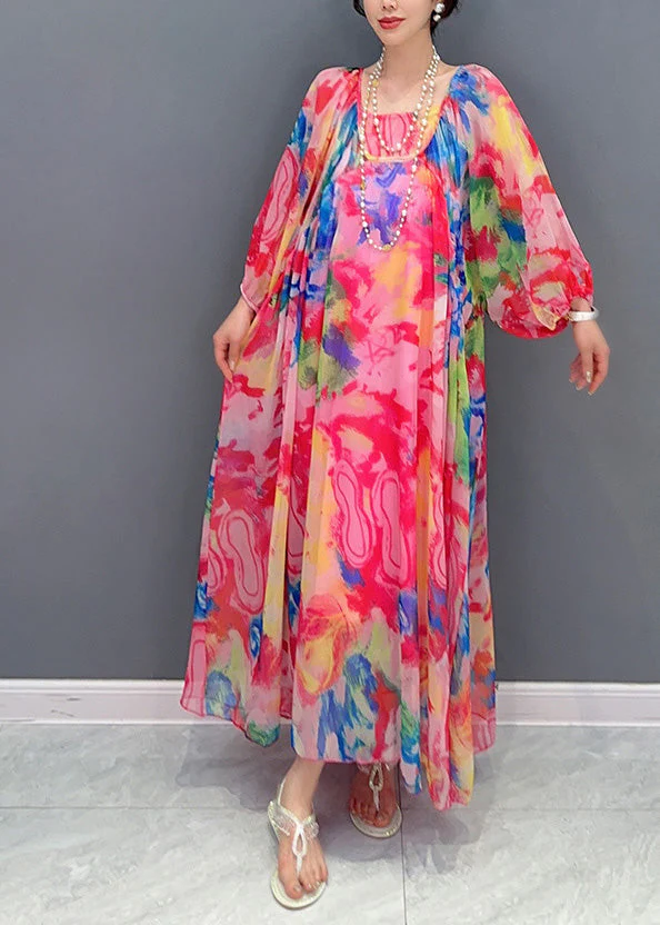 Beautiful Multicolor Square Collar Print Chiffon Maxi Dress Long Sleeve - Image 3