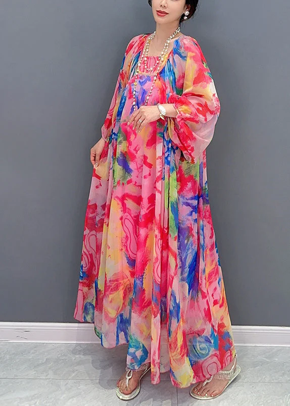Beautiful Multicolor Square Collar Print Chiffon Maxi Dress Long Sleeve - Image 4