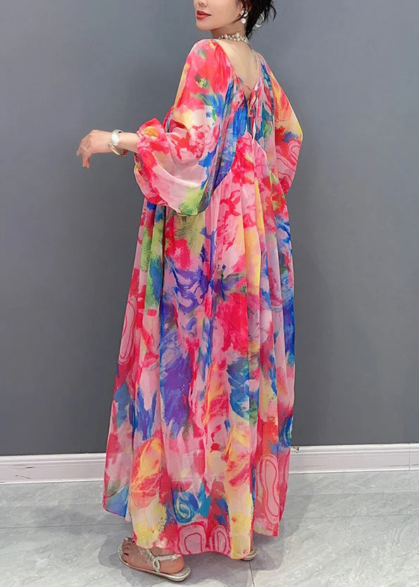 Beautiful Multicolor Square Collar Print Chiffon Maxi Dress Long Sleeve - Image 5
