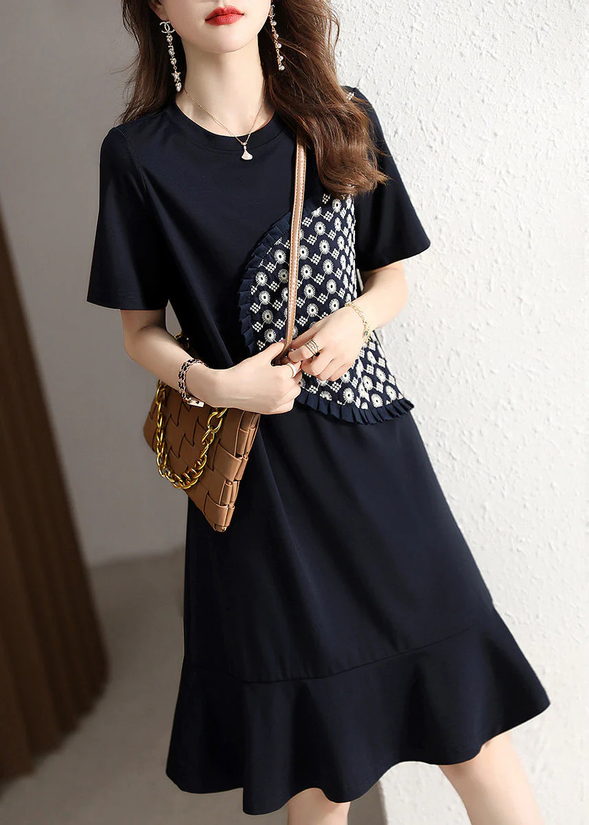 Beautiful Navy O Neck Ruffled Patchwork Cotton Dresses Summer - Image 2