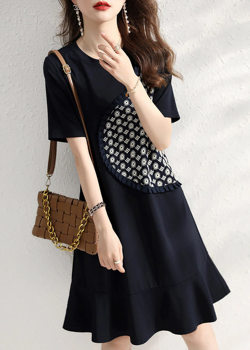 Beautiful Navy O Neck Ruffled Patchwork Cotton Dresses Summer - Image 3