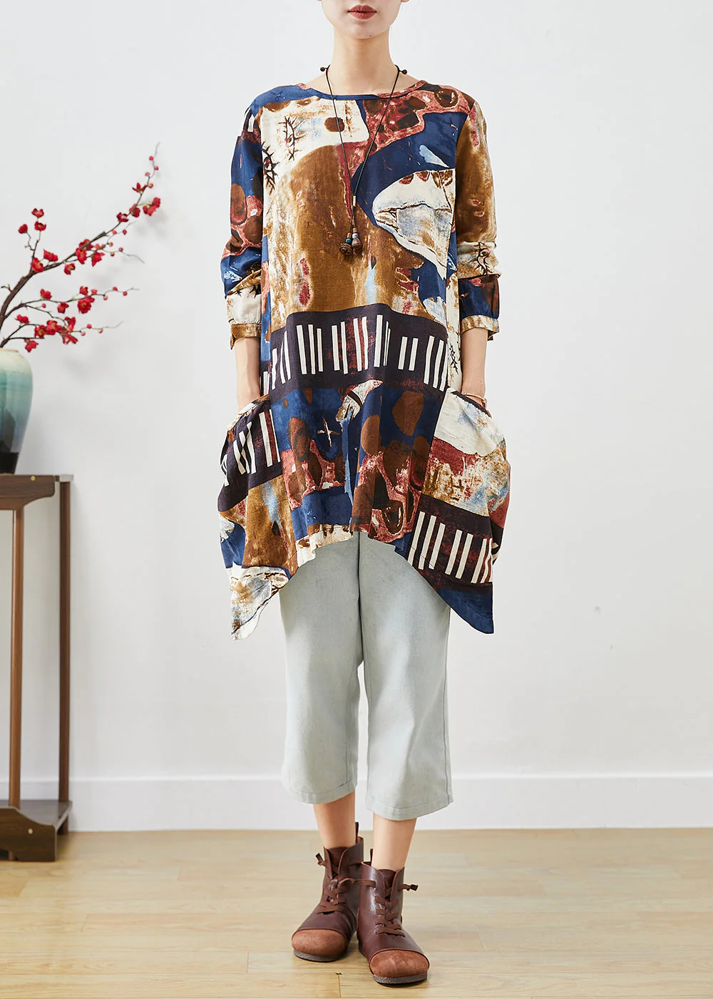Beautiful Navy Oversized Tie Dye Cotton Shirt Dress Fall - Image 2
