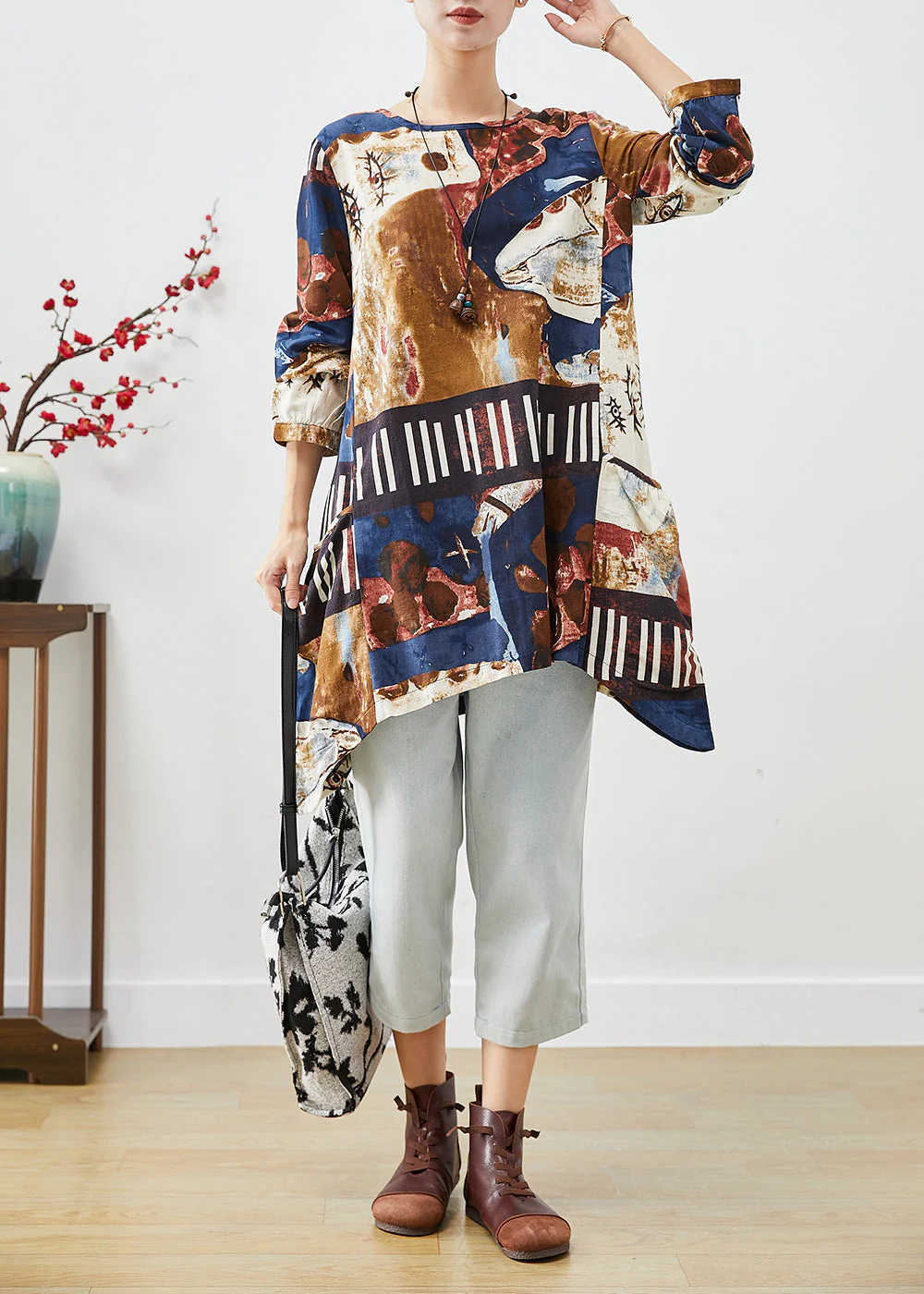 Beautiful Navy Oversized Tie Dye Cotton Shirt Dress Fall - Image 3