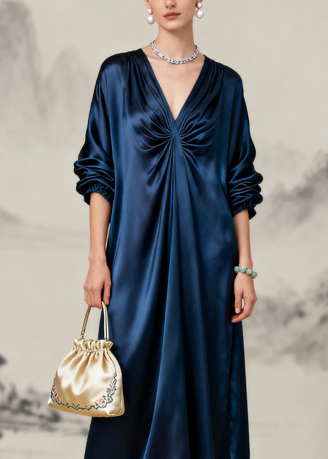 Beautiful Navy V Neck Wrinkled Silk Long Dresses Summer - Image 2