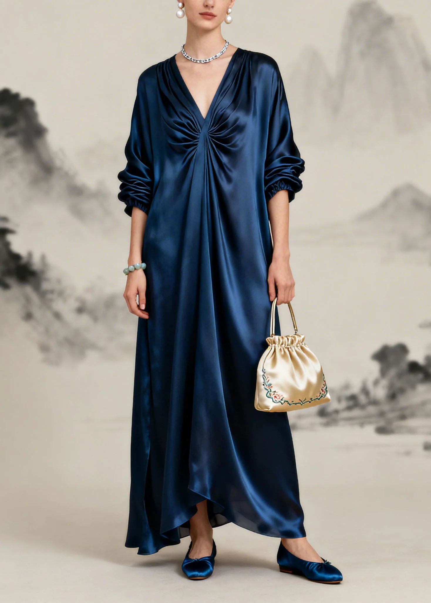 Beautiful Navy V Neck Wrinkled Silk Long Dresses Summer - Image 3