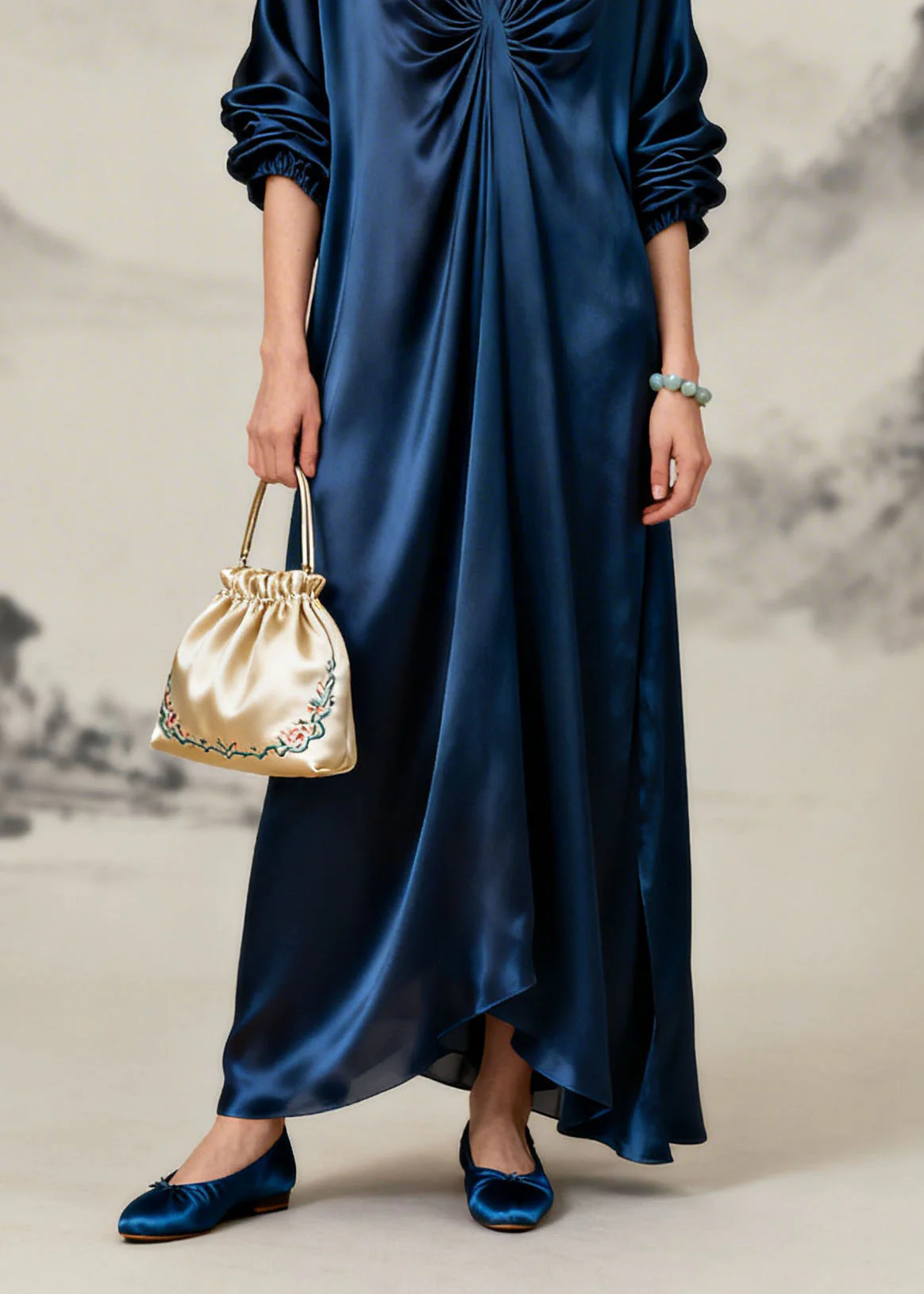 Beautiful Navy V Neck Wrinkled Silk Long Dresses Summer - Image 4