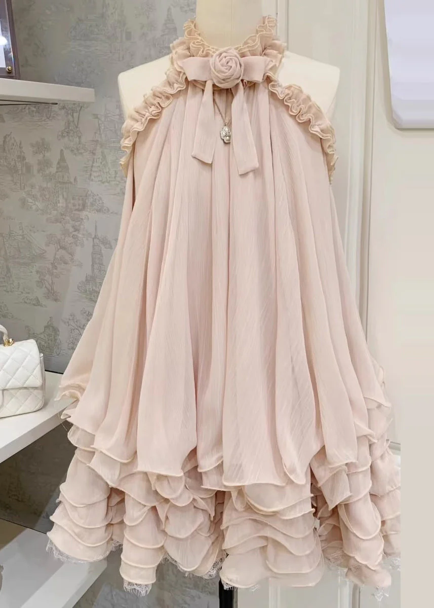 Beautiful Nude Cold Shoulder Floral Halter Tops Summer