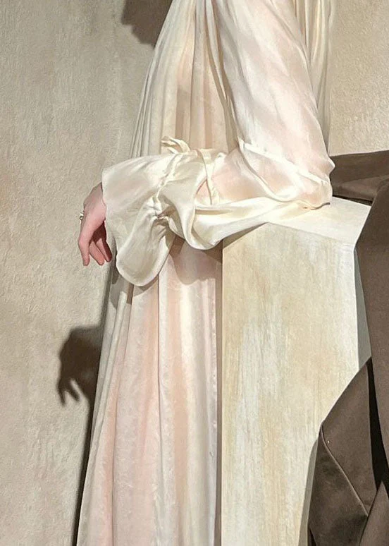 Beautiful Nude Ruffled Lace Up Patchwork Ice Silk Dresses Long Sleeve - Image 3