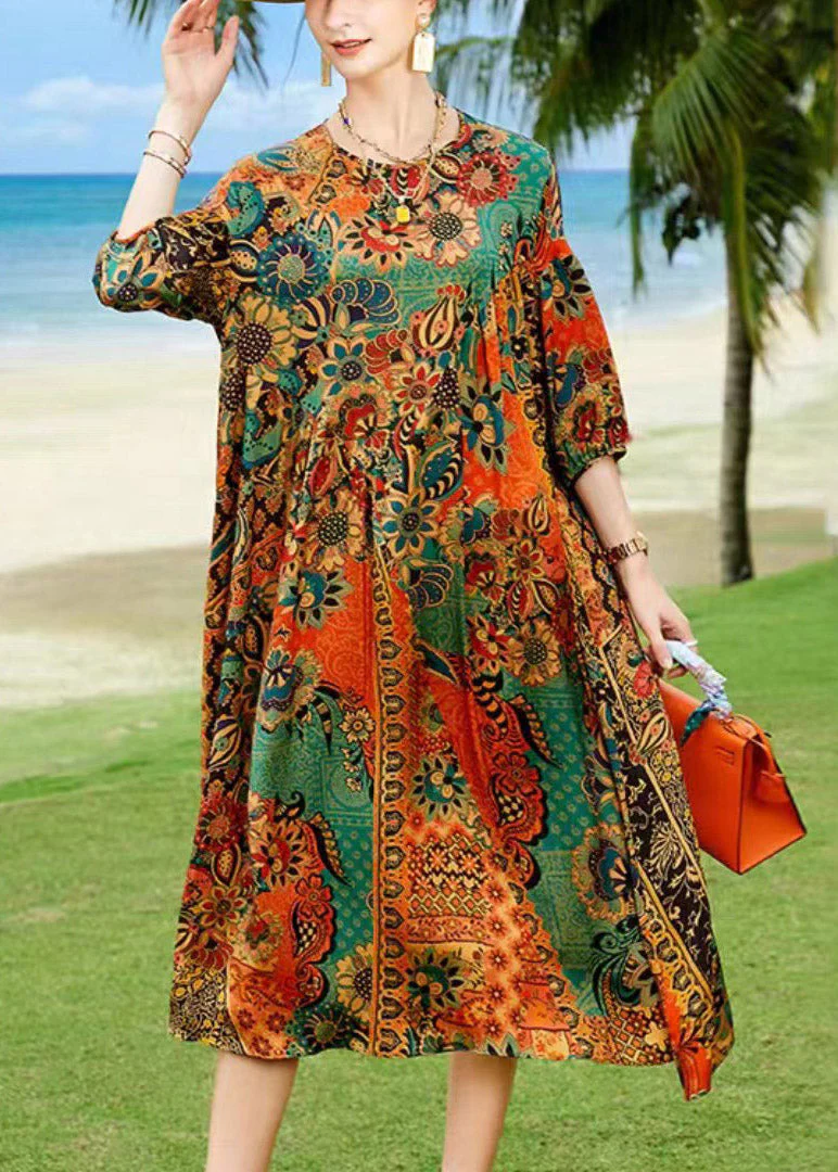 Beautiful O-Neck Print Silk Dress Long Sleeve - Image 2