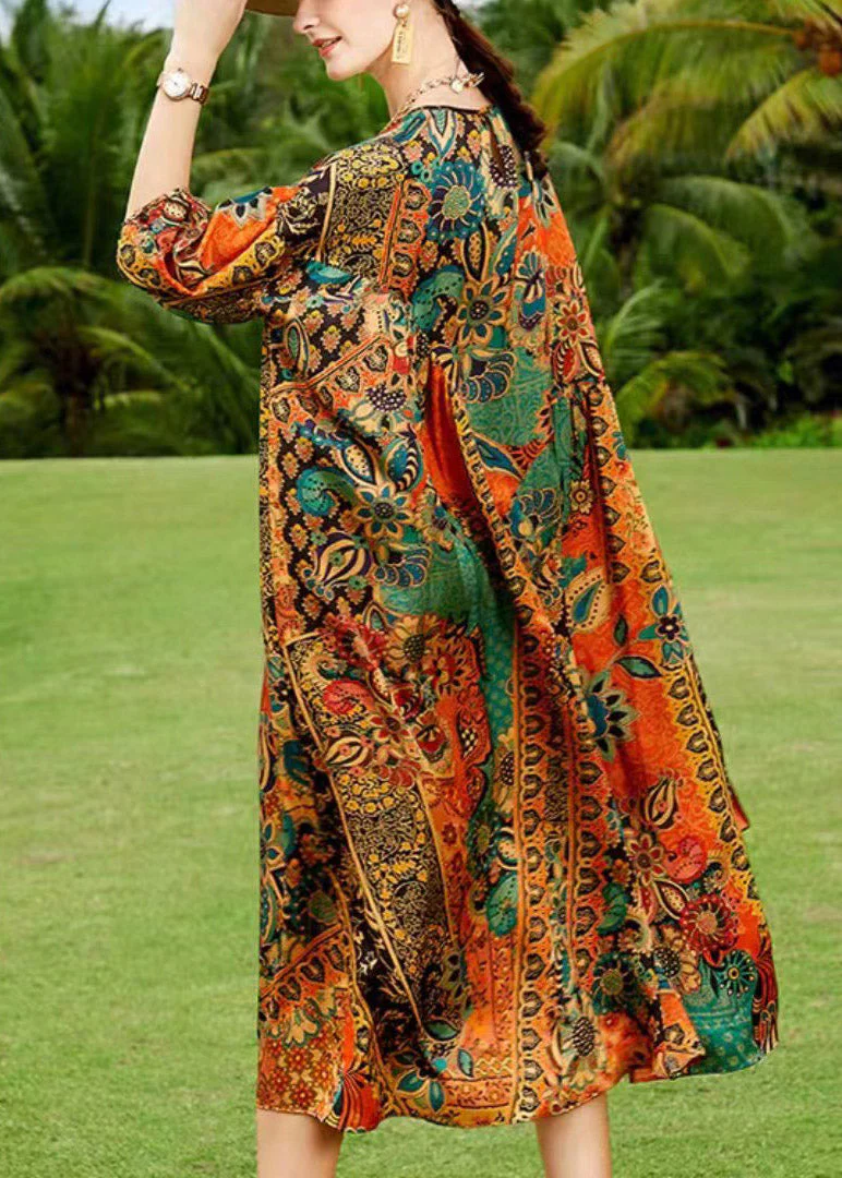 Beautiful O-Neck Print Silk Dress Long Sleeve - Image 3