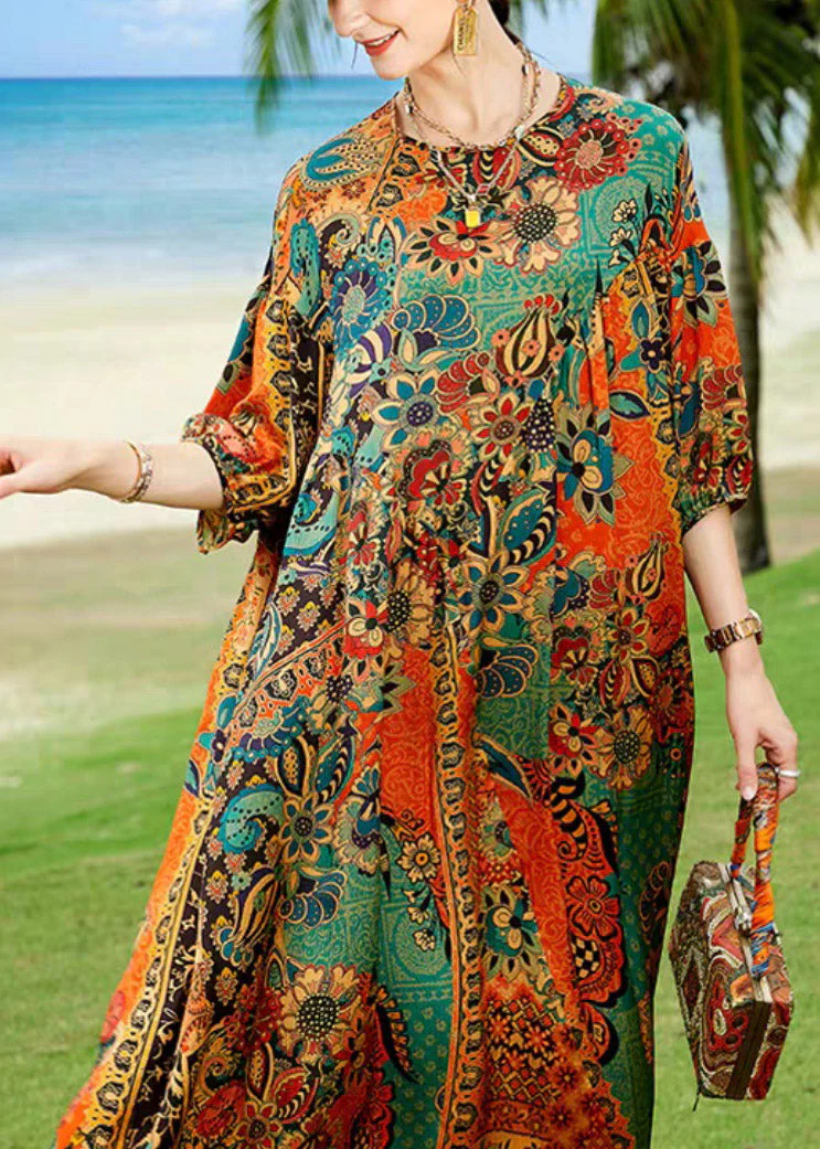Beautiful O-Neck Print Silk Dress Long Sleeve - Image 4