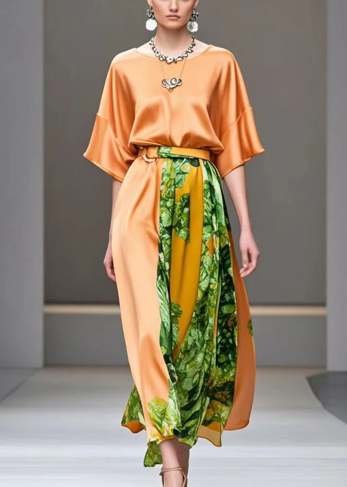 Beautiful Orange Cinched Patchwork Print Silk Long Dress Summer - Image 3