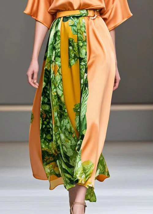 Beautiful Orange Cinched Patchwork Print Silk Long Dress Summer - Image 4